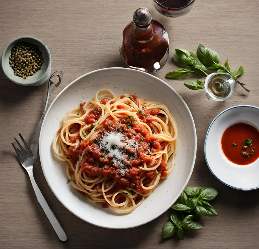 Plato de sugerente plato de Linguine con salsa de anchoas de Santoña y tomate y alcaparras